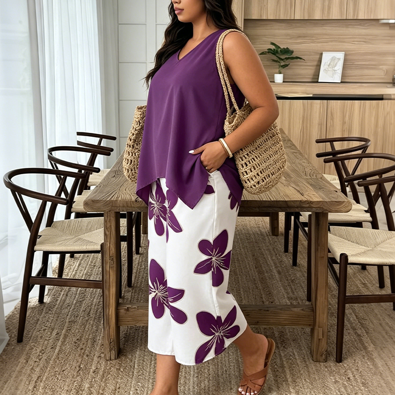 Aniza | Sleeveless V-Neck Asymmetrical Top Capri Set