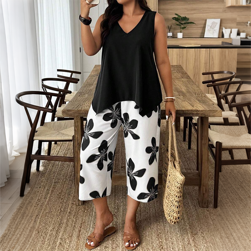Aniza | Sleeveless V-Neck Asymmetrical Top Capri Set