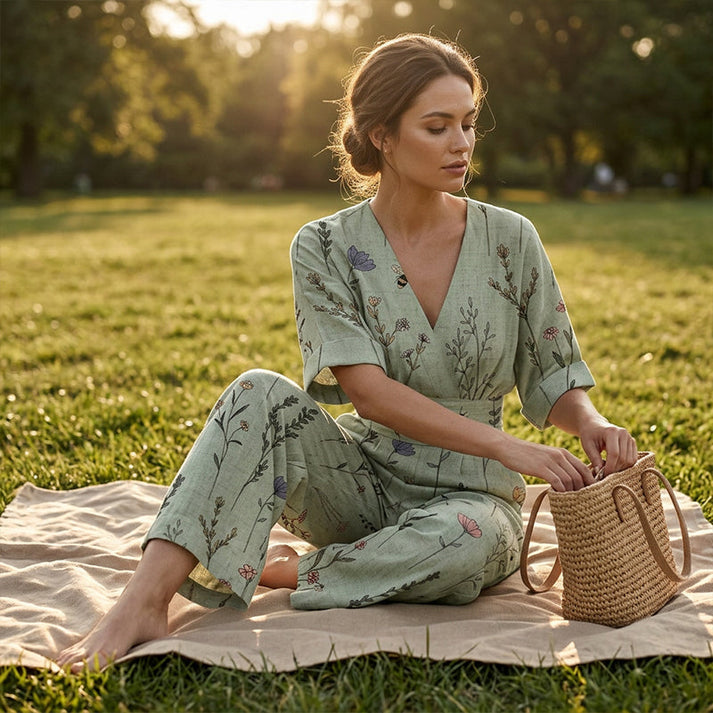 Sinem | Floral V-Neck Half Sleeve Jumpsuit