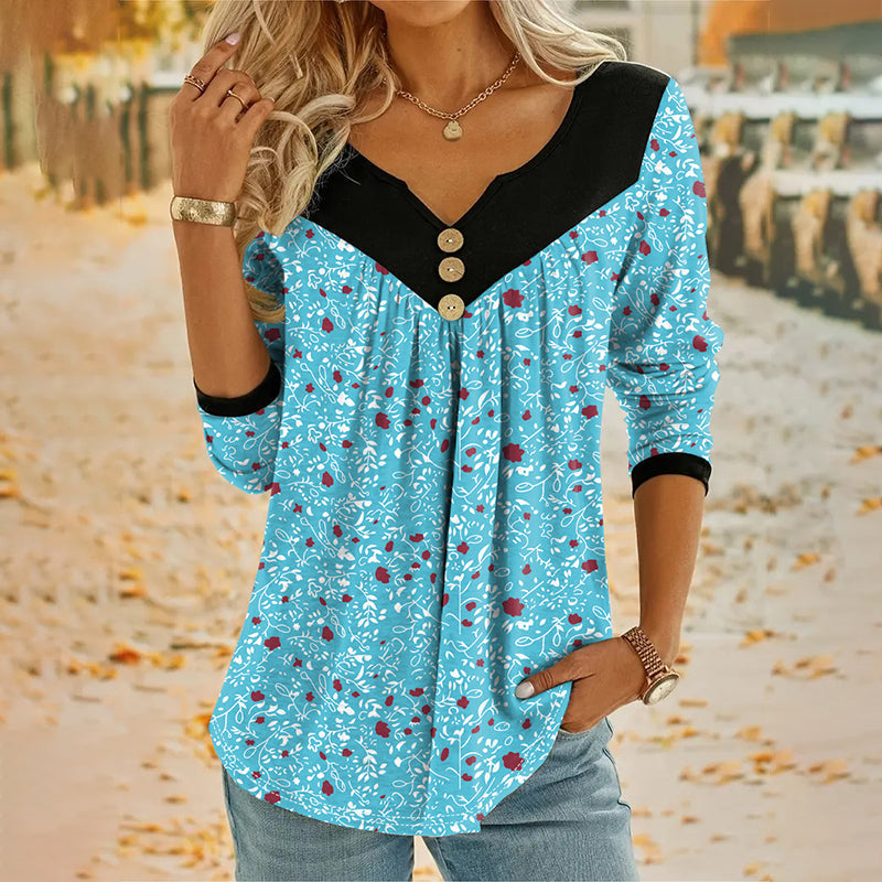 Sheloni | Floral Print V Neck Button Top