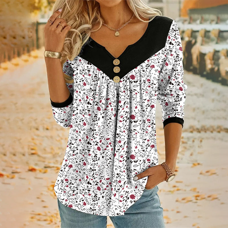 Sheloni | Floral Print V Neck Button Top