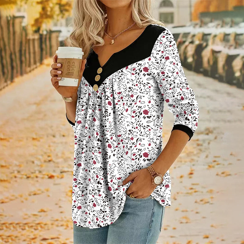 Sheloni | Floral Print V Neck Button Top