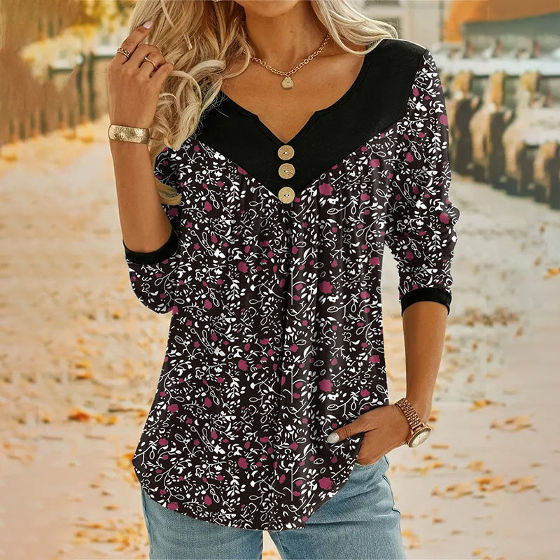 Sheloni | Floral Print V Neck Button Top