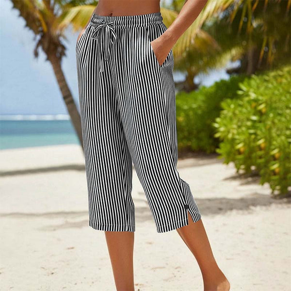 Neriah | Striped Drawstring Cropped Straight Leg Pants