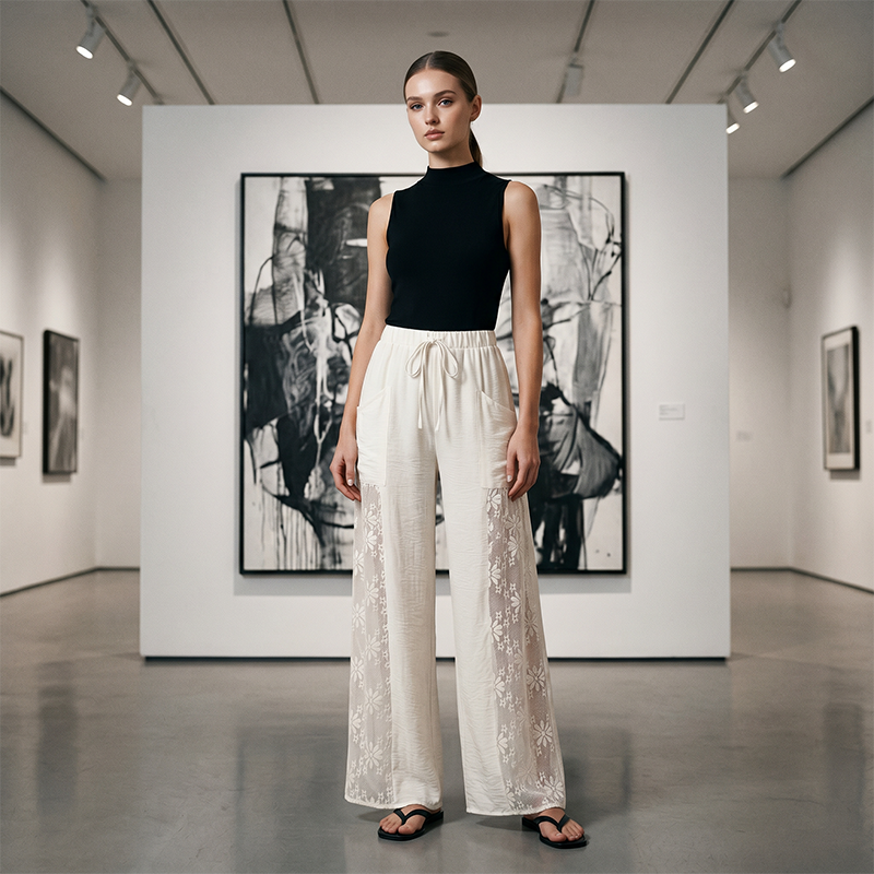 Qerina | Wide Leg Floral Lace Panel Trousers