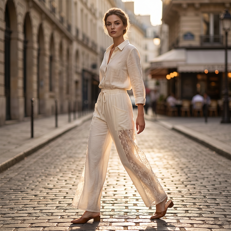 Qerina | Wide Leg Floral Lace Panel Trousers