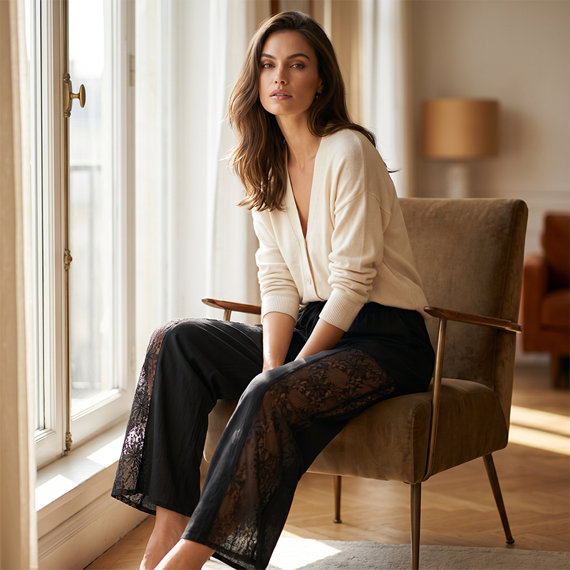 Qerina | Wide Leg Floral Lace Panel Trousers