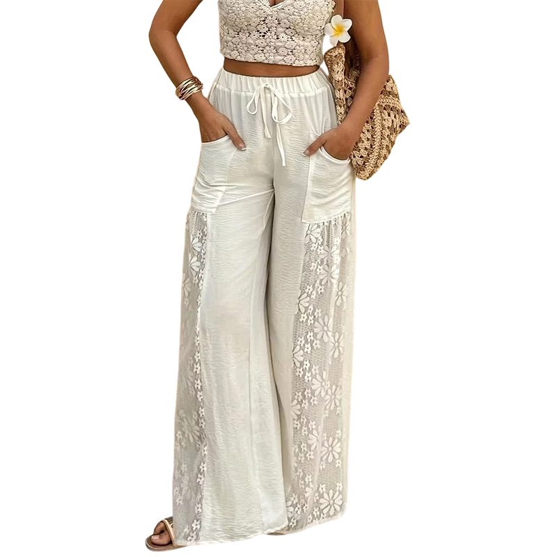 Qerina | Wide Leg Floral Lace Panel Trousers