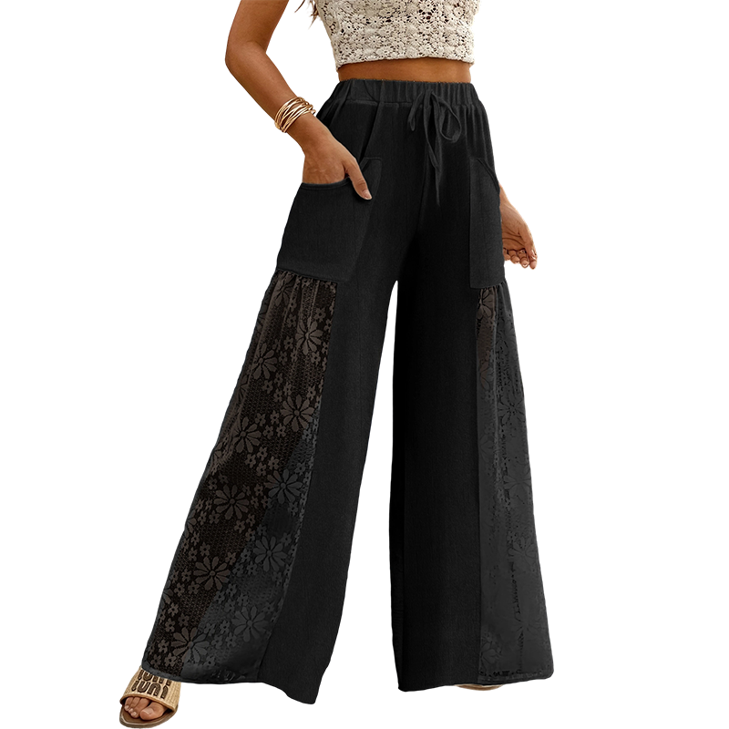 Qerina | Wide Leg Floral Lace Panel Trousers