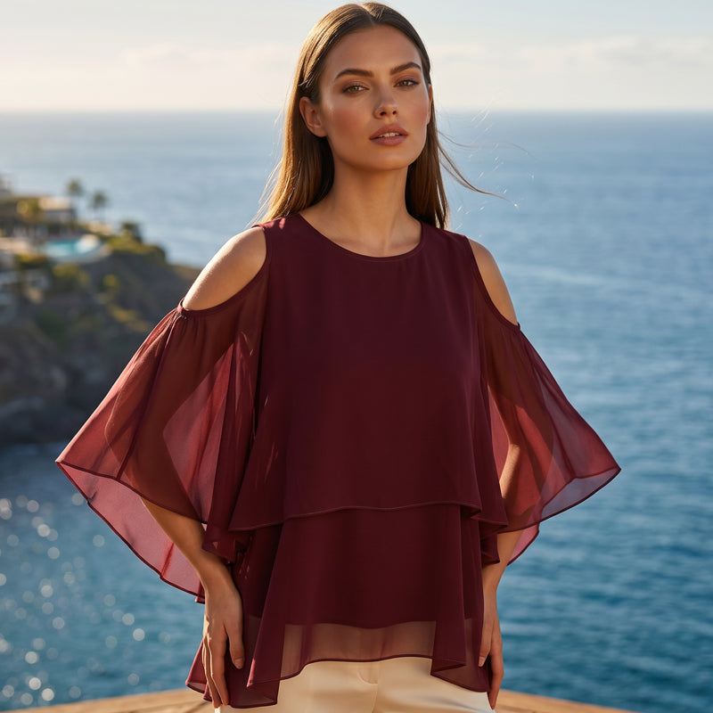 Lisina | Cold-Shoulder Layered Chiffon Blouse Top