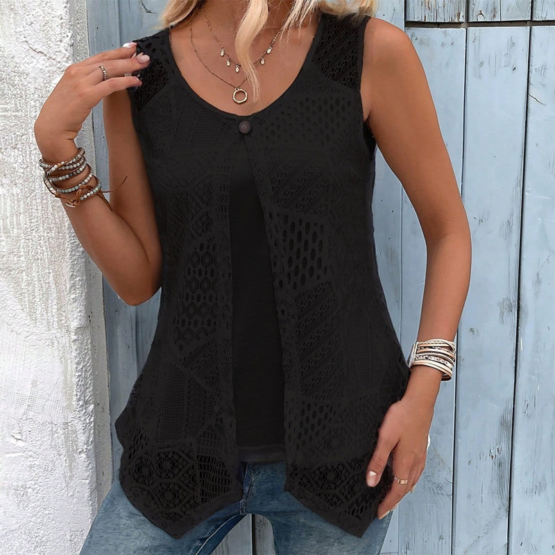 Raima | Sleeveless Crochet Open Front Cardigan
