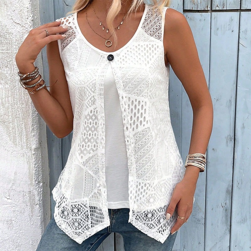 Raima | Sleeveless Crochet Open Front Cardigan