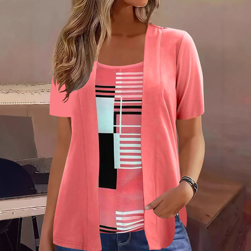 Thaminia | Layered Short Sleeve Geometric Print Top