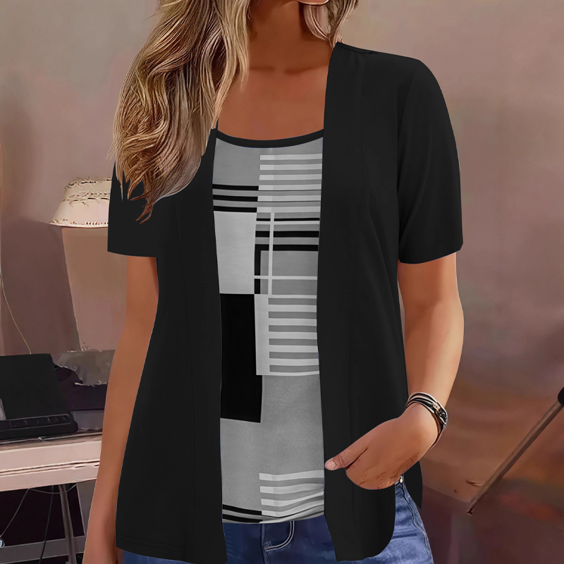 Thaminia | Layered Short Sleeve Geometric Print Top