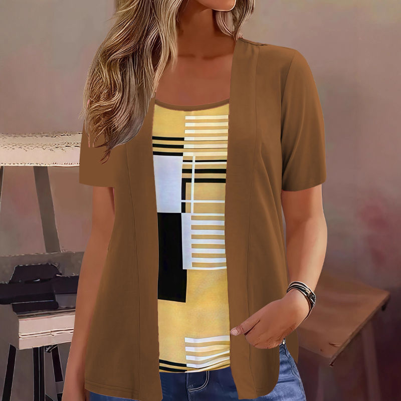 Thaminia | Layered Short Sleeve Geometric Print Top