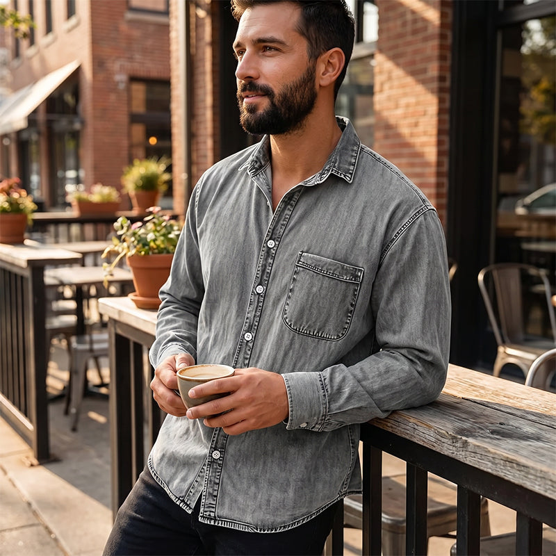 Theoius | Long Sleeve Black Denim Button-Up Shirt