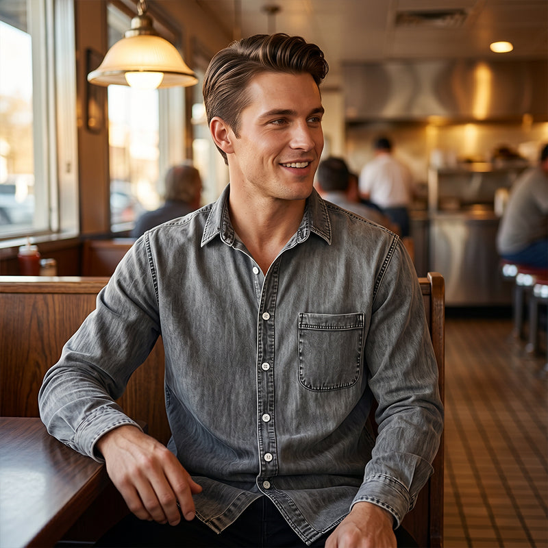 Theoius | Long Sleeve Black Denim Button-Up Shirt