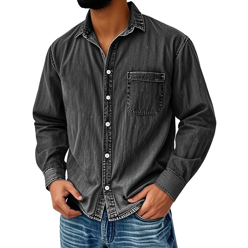 Theoius | Long Sleeve Black Denim Button-Up Shirt