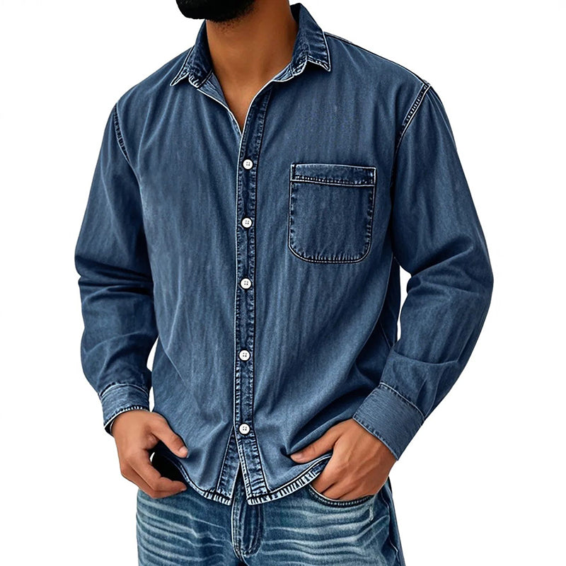 Theoius | Long Sleeve Black Denim Button-Up Shirt