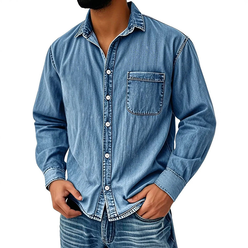 Theoius | Long Sleeve Black Denim Button-Up Shirt