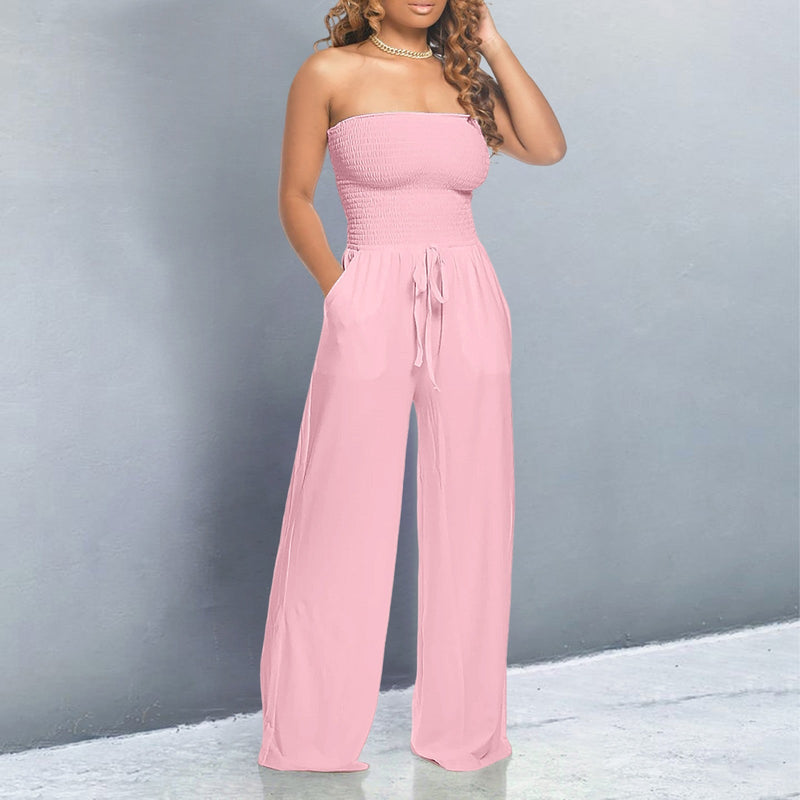Zeina | Strapless Shirred Wide Leg Jumpsuit