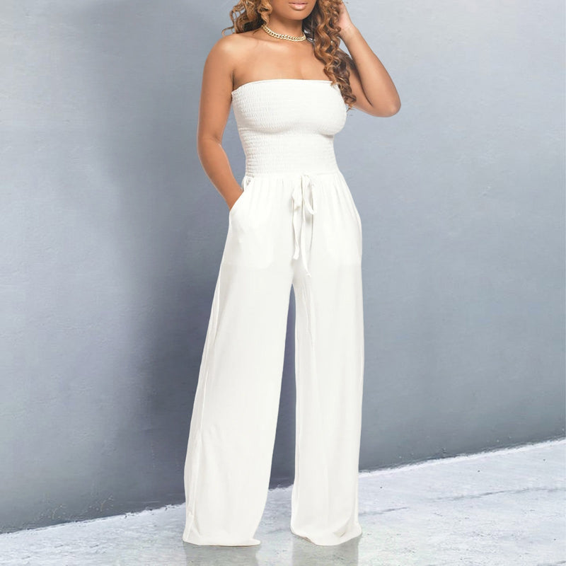 Zeina | Strapless Shirred Wide Leg Jumpsuit