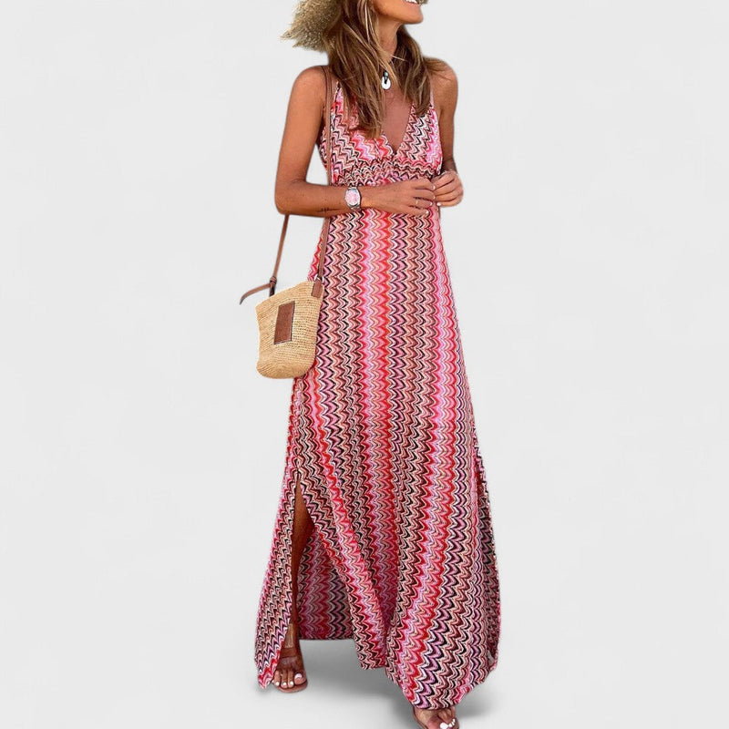 Erandi | Chevron Halter V Neck Maxi Dress