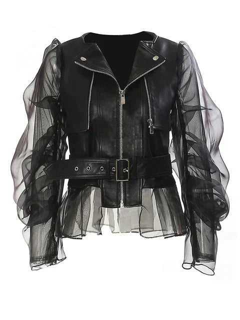 Sharnah | Jacket Black Leather-Look Mesh Long Sleeves