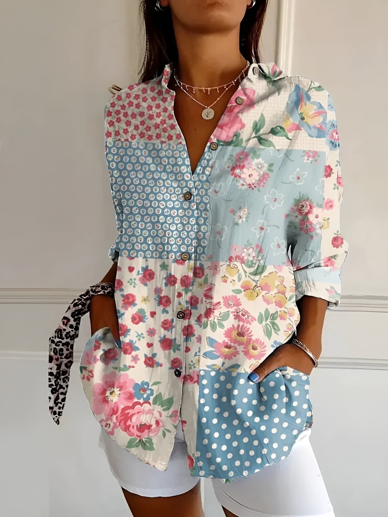 Brenda - Floral Print Long Sleeve Button Front Blouse