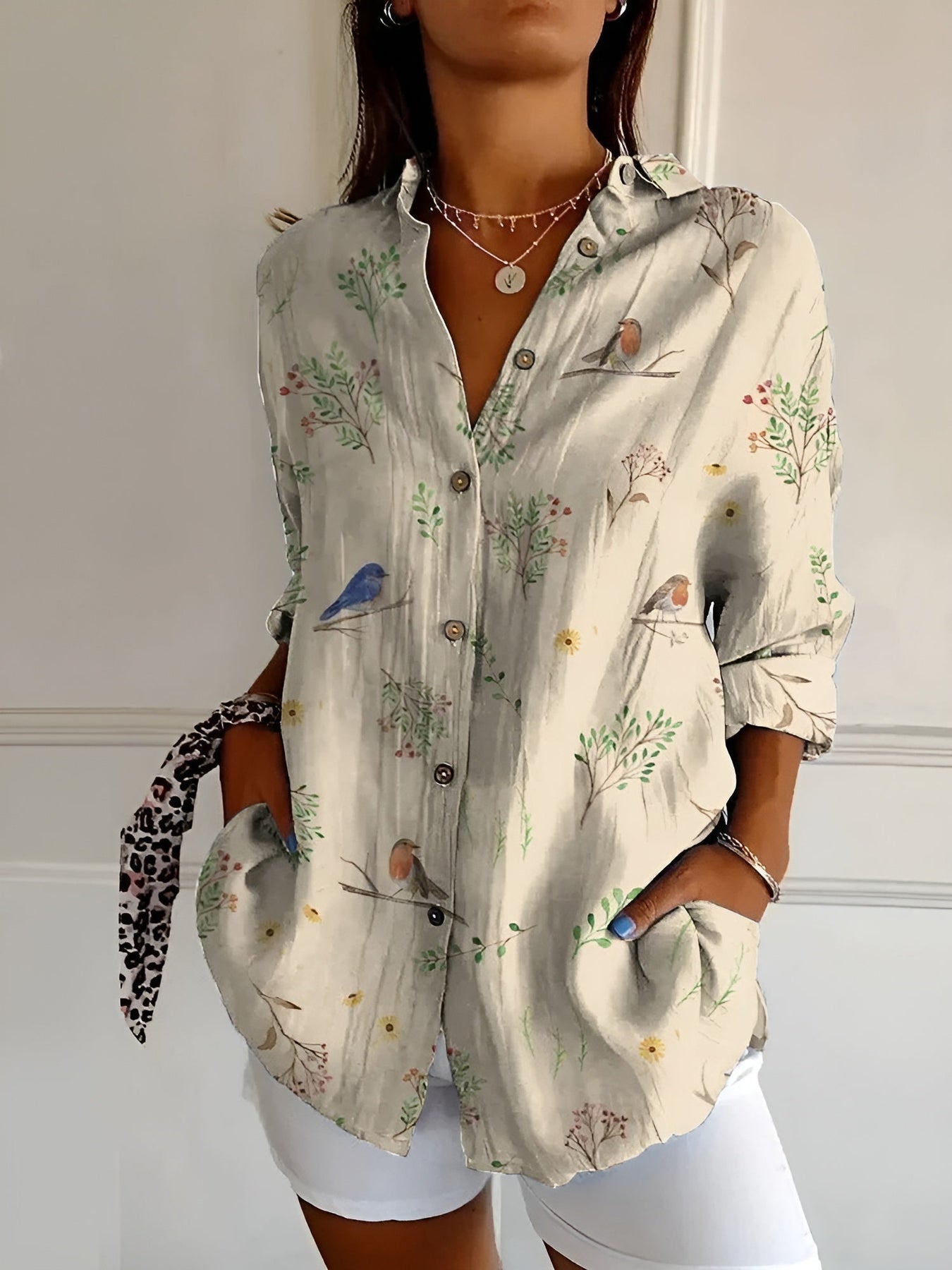 Brenda - Floral Print Long Sleeve Button Front Blouse