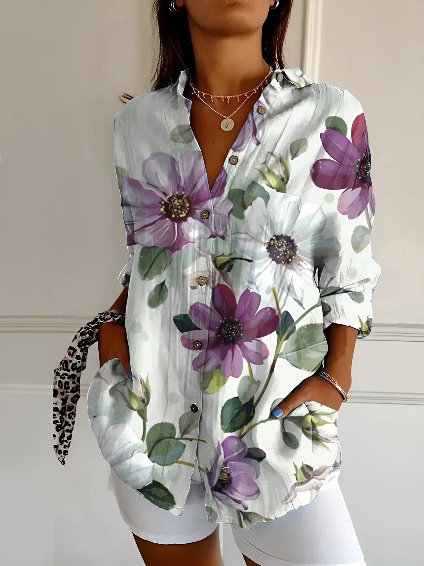Brenda - Floral Print Long Sleeve Button Front Blouse