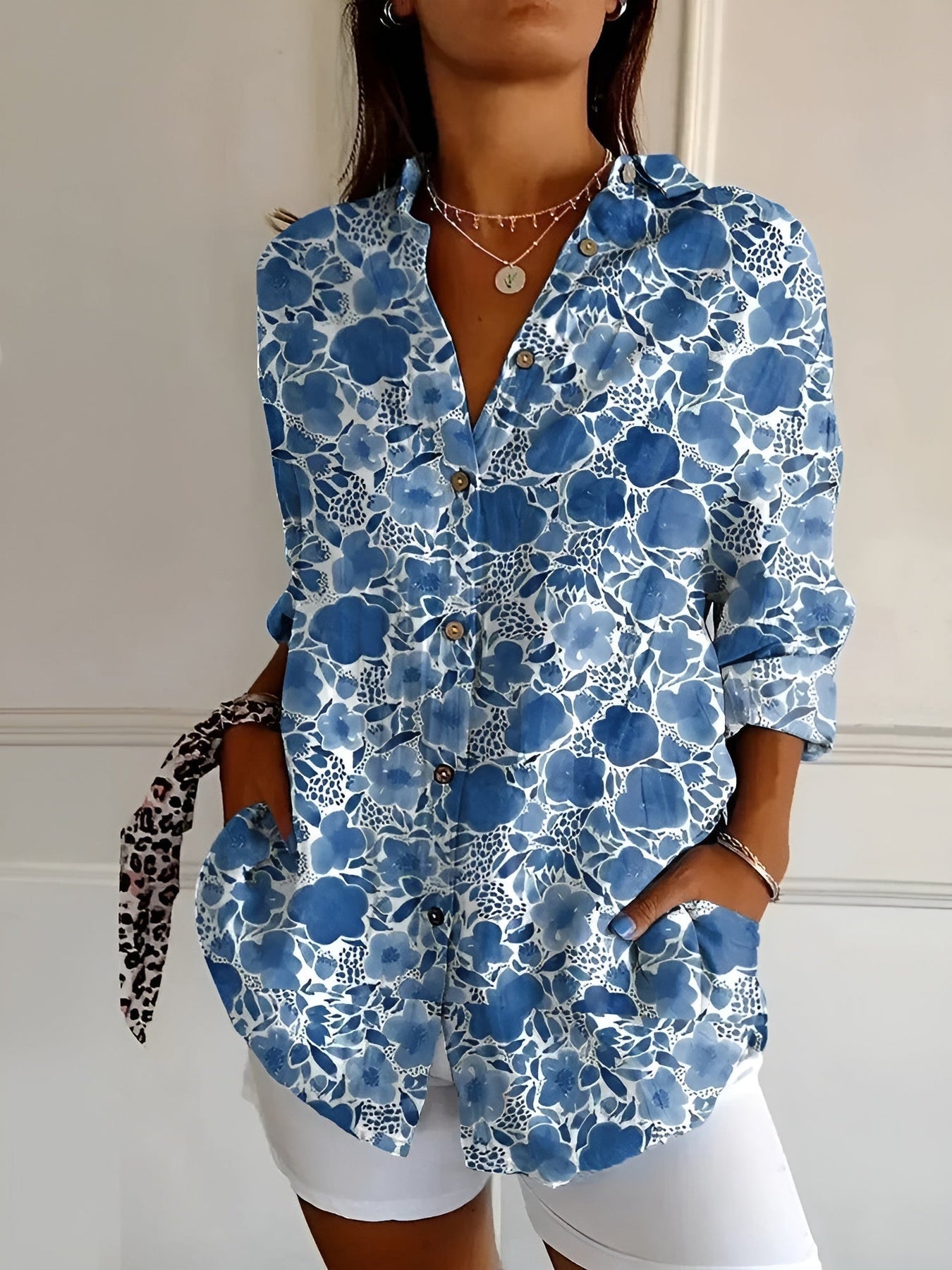 Brenda - Floral Print Long Sleeve Button Front Blouse