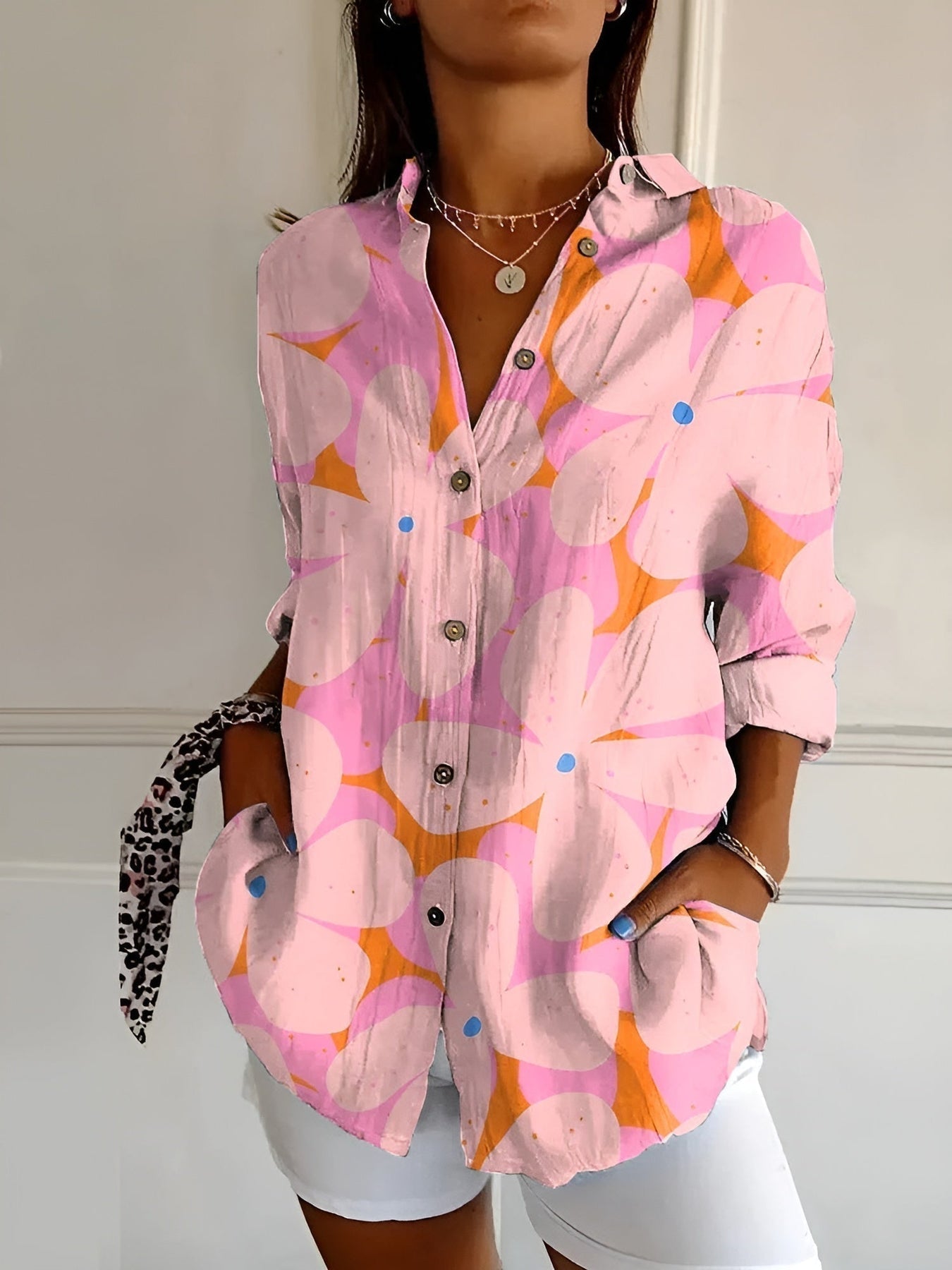 Brenda - Floral Print Long Sleeve Button Front Blouse
