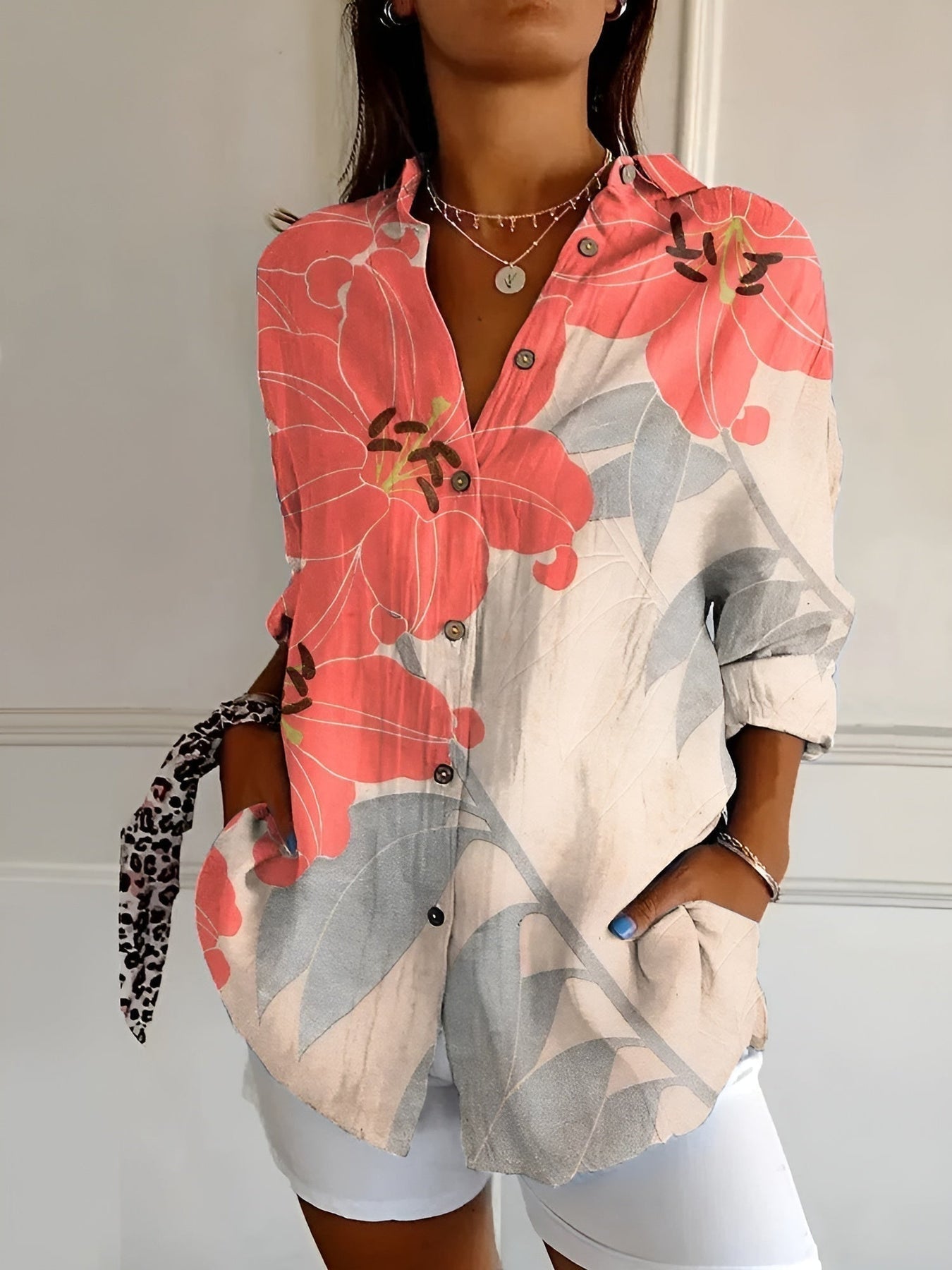 Brenda - Floral Print Long Sleeve Button Front Blouse