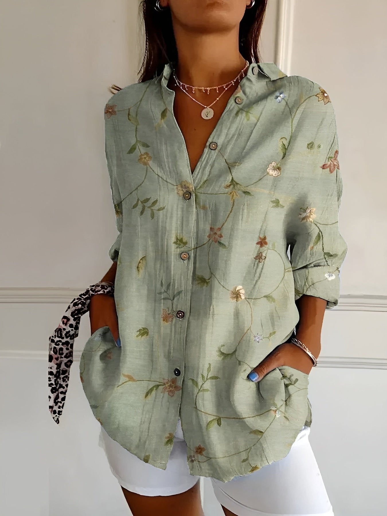 Brenda - Floral Print Long Sleeve Button Front Blouse