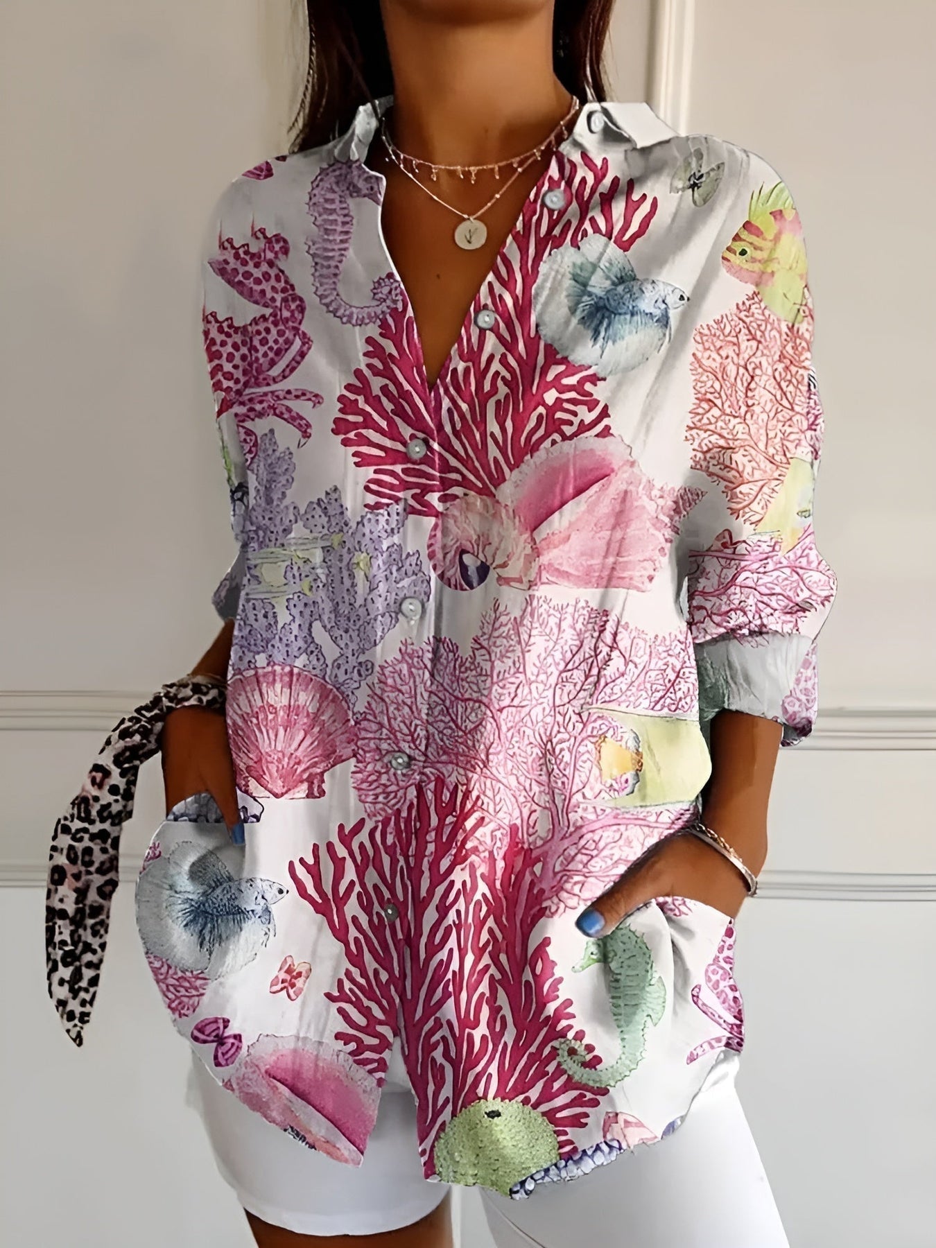 Brenda - Floral Print Long Sleeve Button Front Blouse