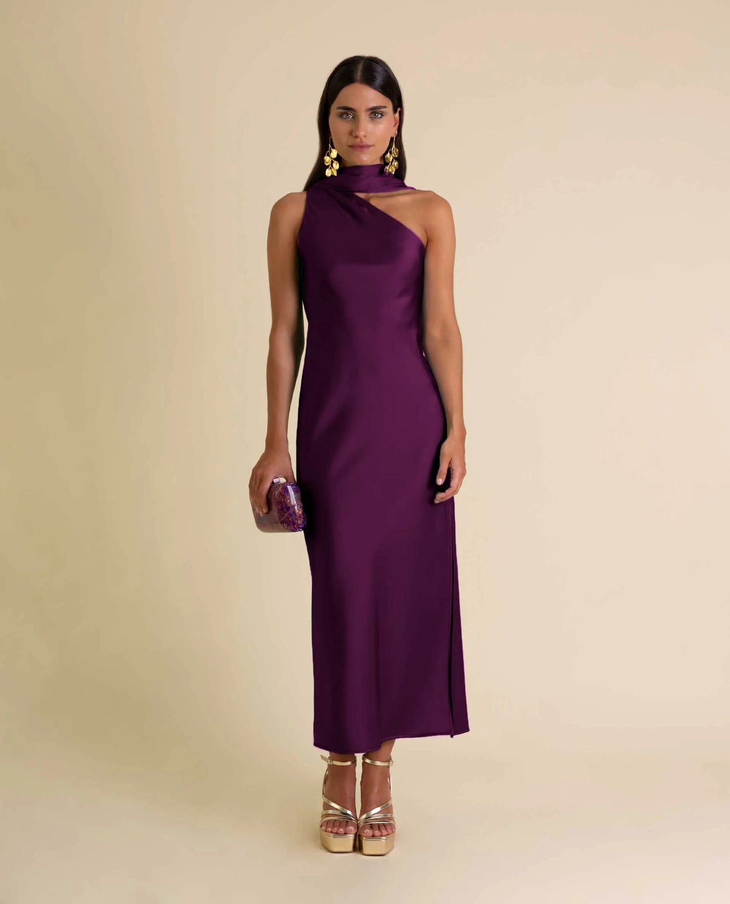Zinash | Asymmetrical Neck Draped Midi Dress