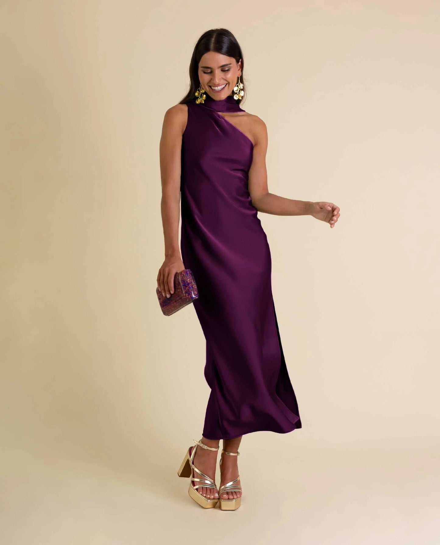 Zinash | Asymmetrical Neck Draped Midi Dress