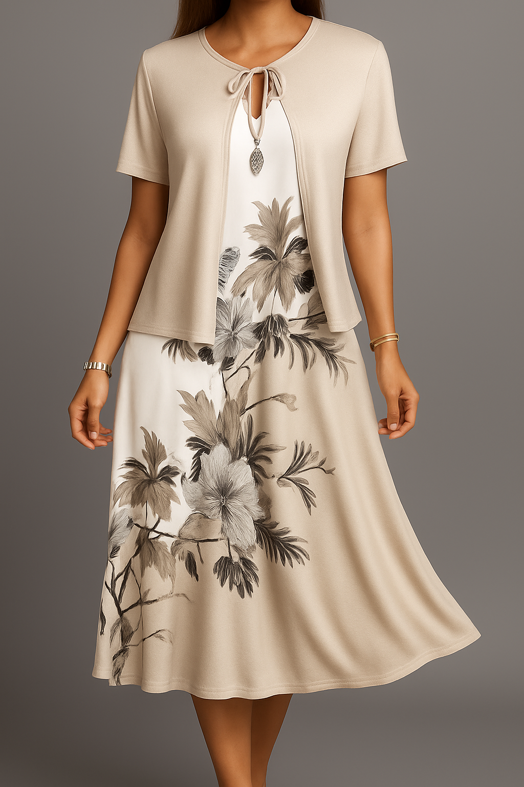 Isadora | Floral Midi Dress With Short Sleeve Layer