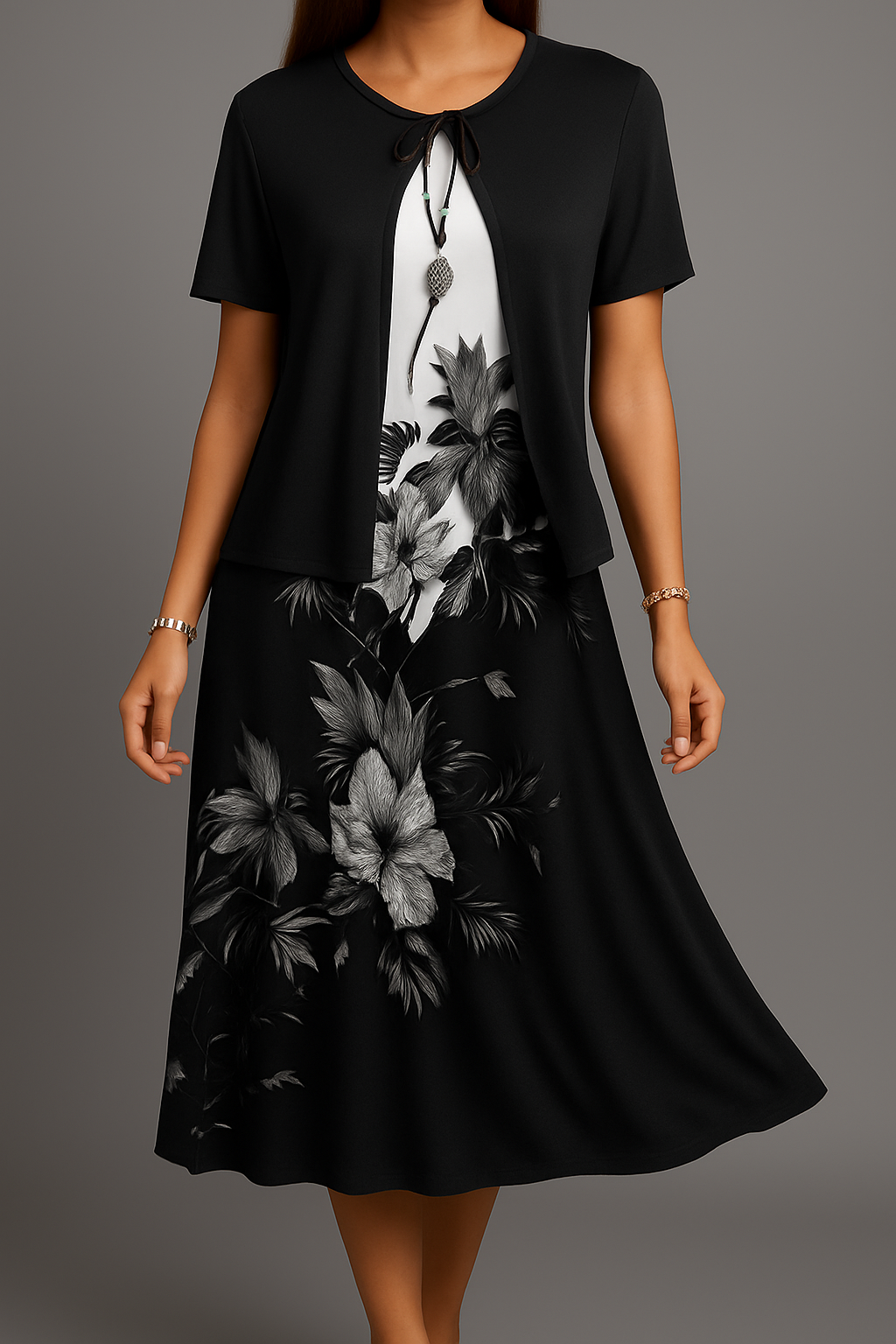 Isadora | Floral Midi Dress With Short Sleeve Layer