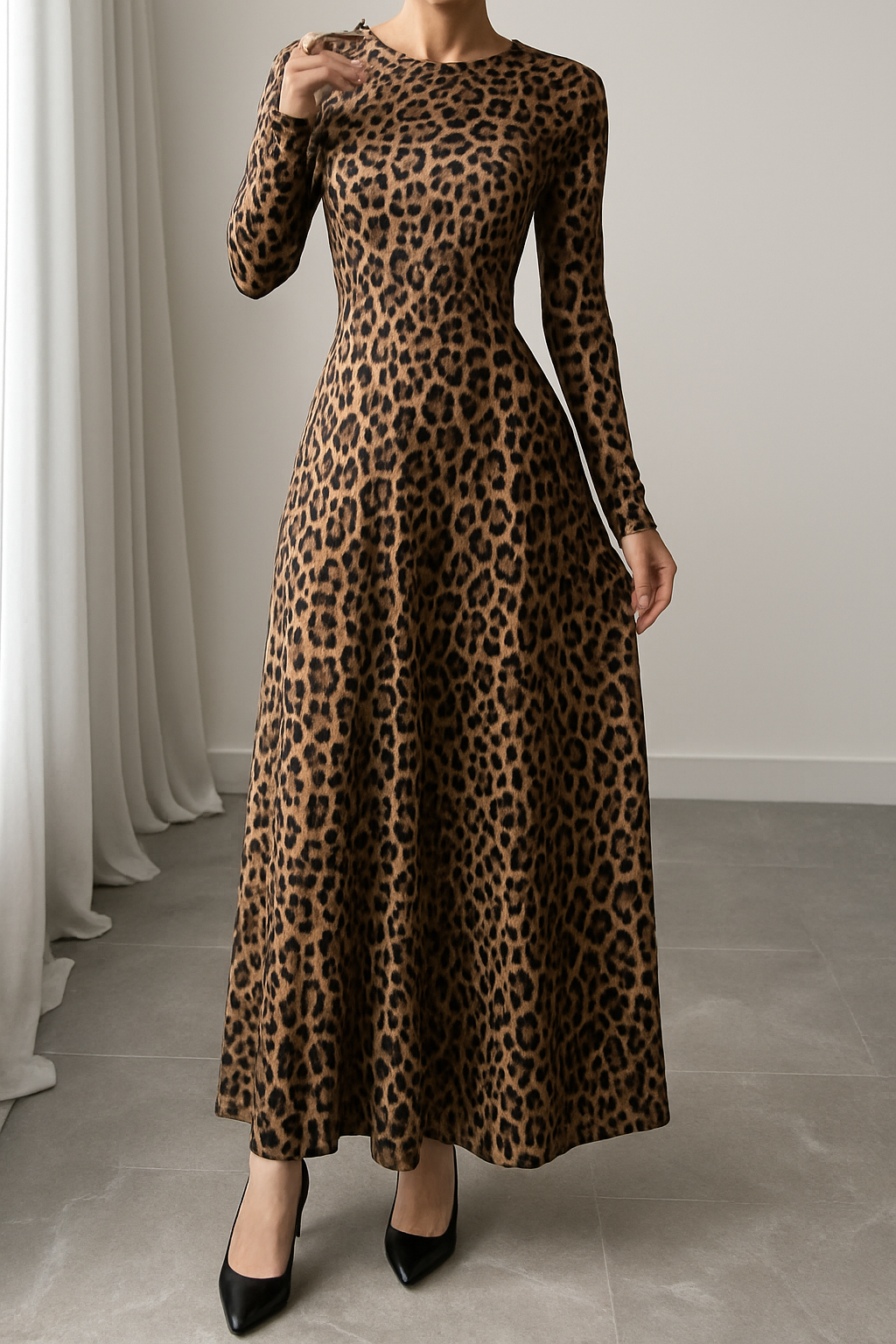 Fridah | Leopard Print Long Sleeve Maxi Dress