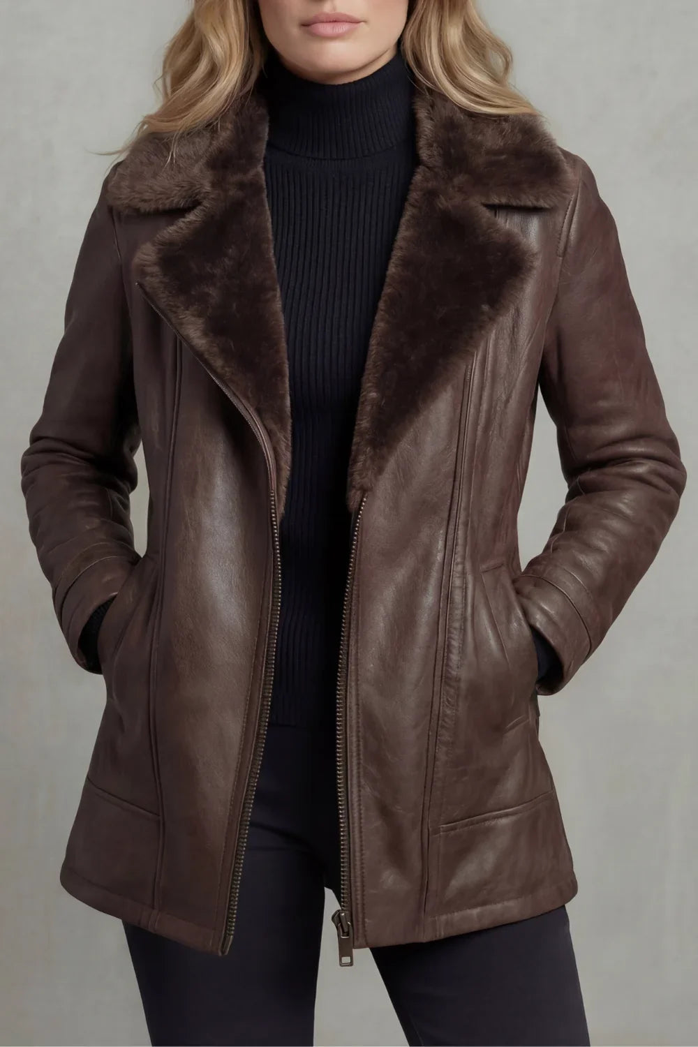 Marieke | Jacket With Brown Leather-Look Finish and Lapels