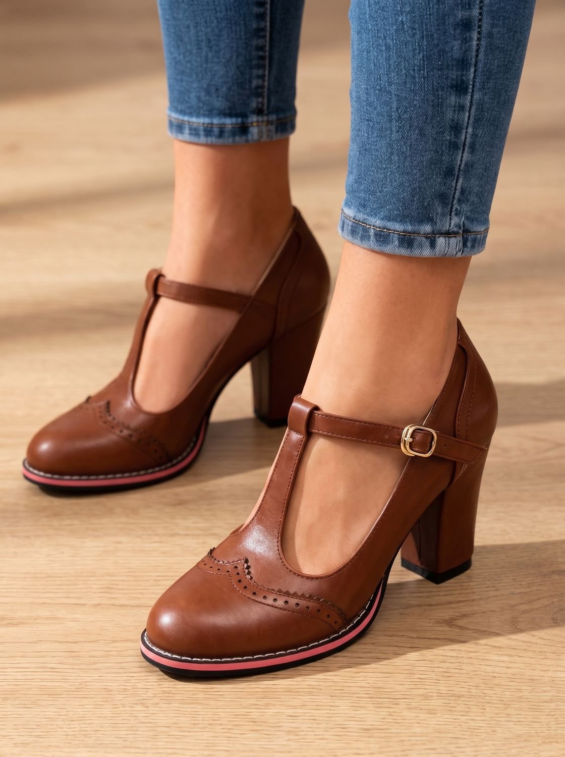 Cathy  | Pumps With T-Strap and Brogue Block Heels
