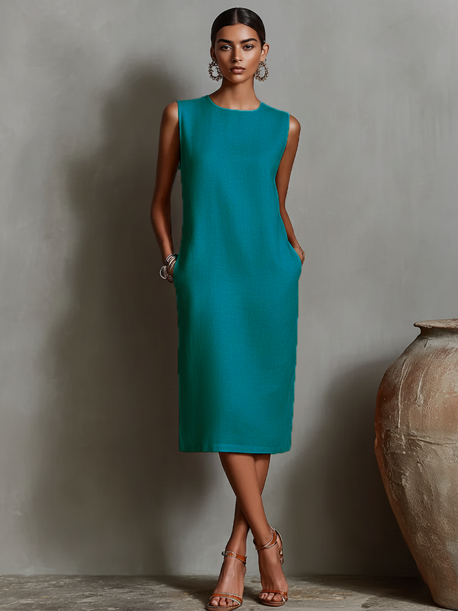 Katalina | Sleeveless Crew Neck Midi Pocket Dress